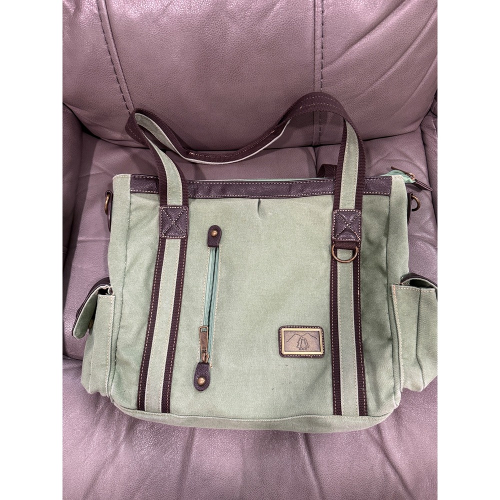 Sage‎ Green Canvas Tote Bag Brown Trim Multi Pocket Utility Shoulder Bag Large